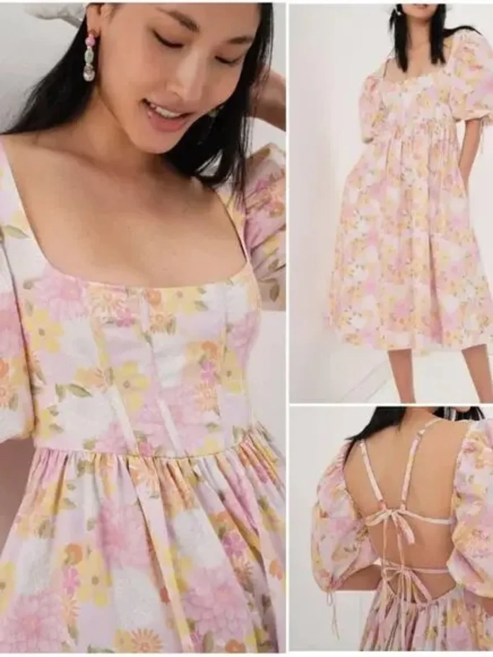 Love & Lemons Carrie Midi Dress Floral Corset Puff Sleeve Cottagecore coquette